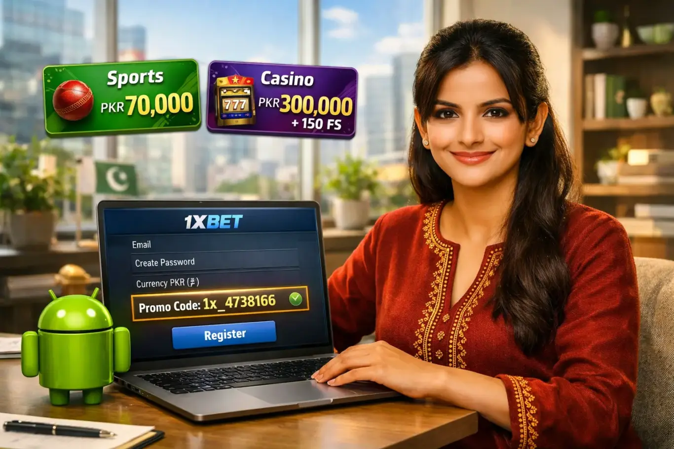 1xBet Pakistan app registration with promo code 1x_4738166 - sports bonus PKR 70,000 or casino PKR 300,000 plus 150 FS