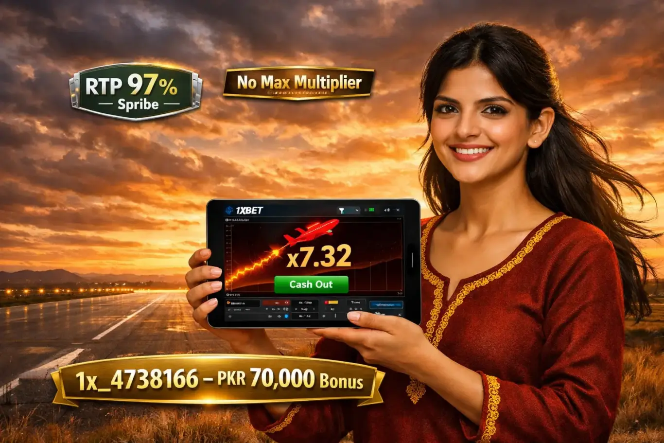 1xBet Aviator Pakistan 2026 - Spribe crash game RTP 97%, no max multiplier, double bet and free demo mode