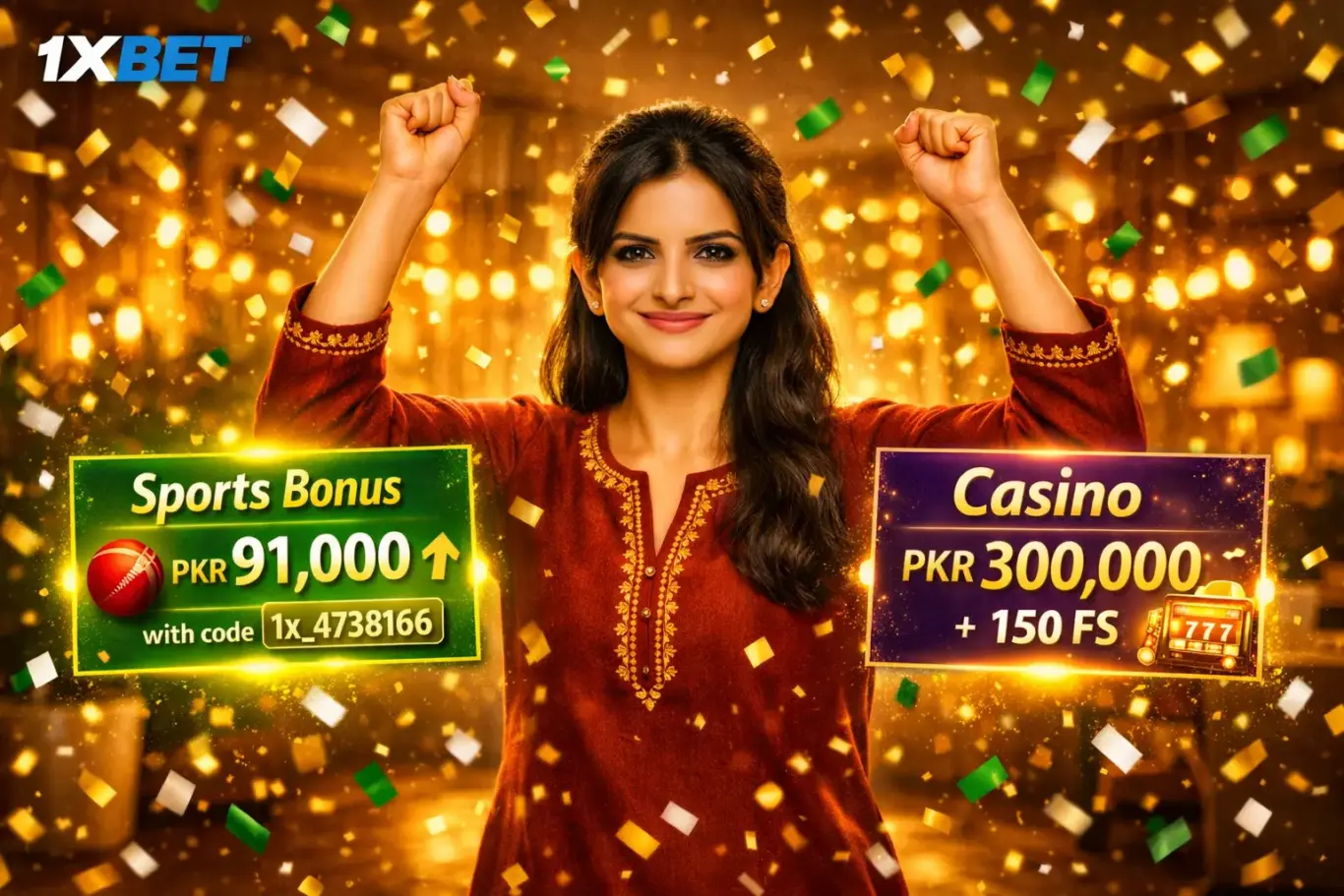 1xBet Pakistan bonus 2026 - sports welcome bonus PKR 91,000 with promo code 1x_4738166 or casino PKR 300,000 plus 150 FS