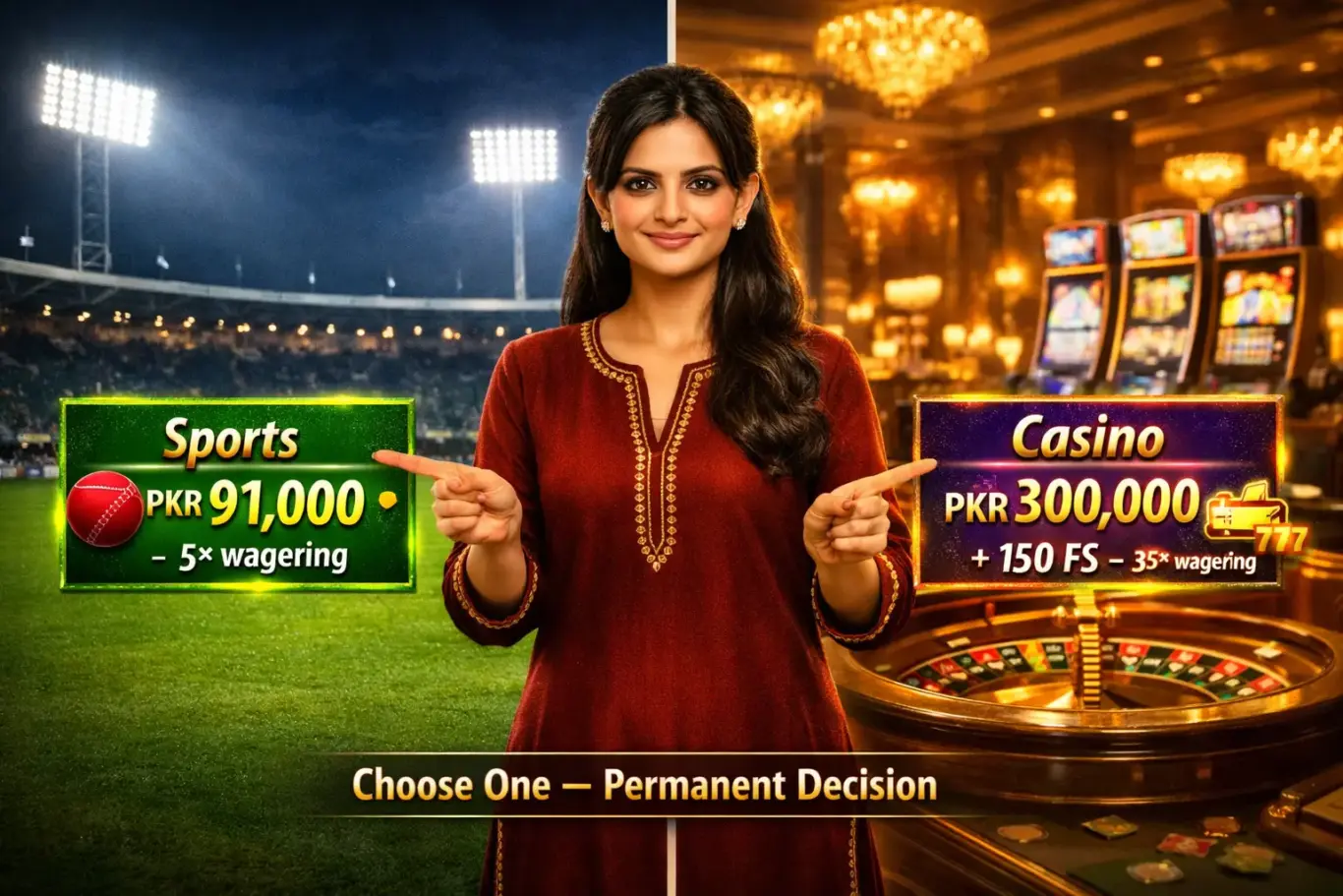 1xBet Pakistan bonus comparison - sports PKR 91,000 with promo code vs casino PKR 300,000 plus 150 FS wagering requirements
