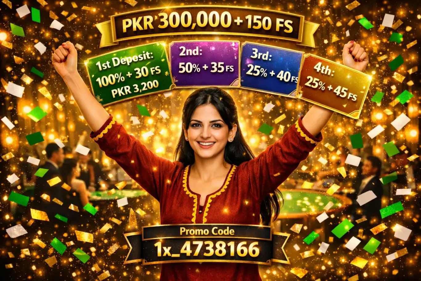 1xBet Casino Pakistan welcome bonus - 4 deposit stages PKR 300,000 plus 150 FS with promo code 1x_4738166 and 35x wagering