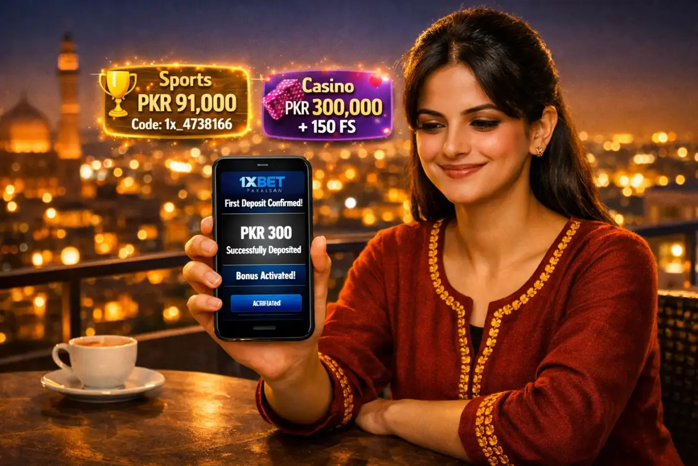 1xBet Pakistan first deposit bonus - sports PKR 91,000 with promo code 1x_4738166 or casino PKR 300,000 plus 150 FS