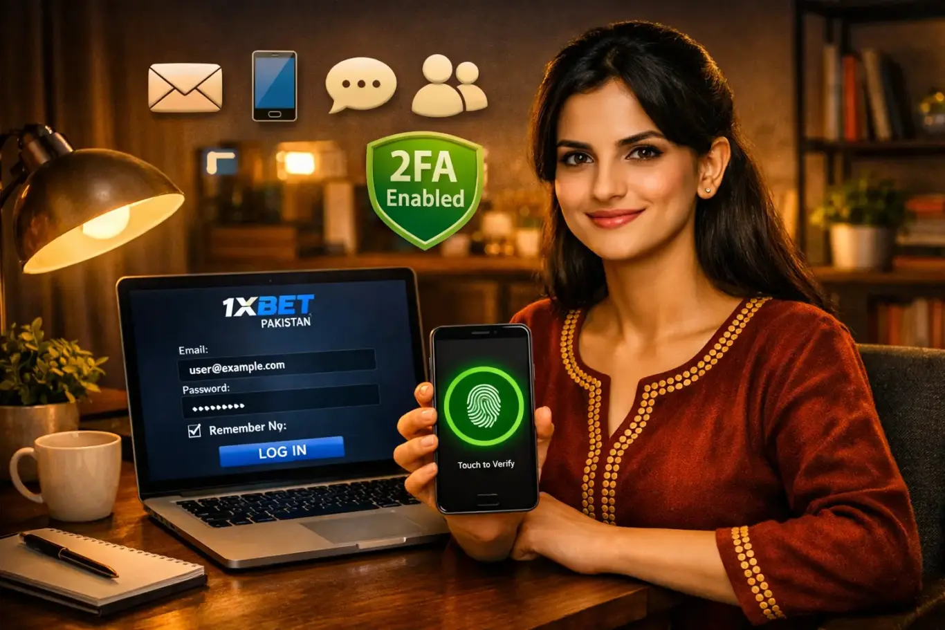 1xBet Pakistan login methods - email, phone, SMS and social media sign in with 2FA security and biometric app access