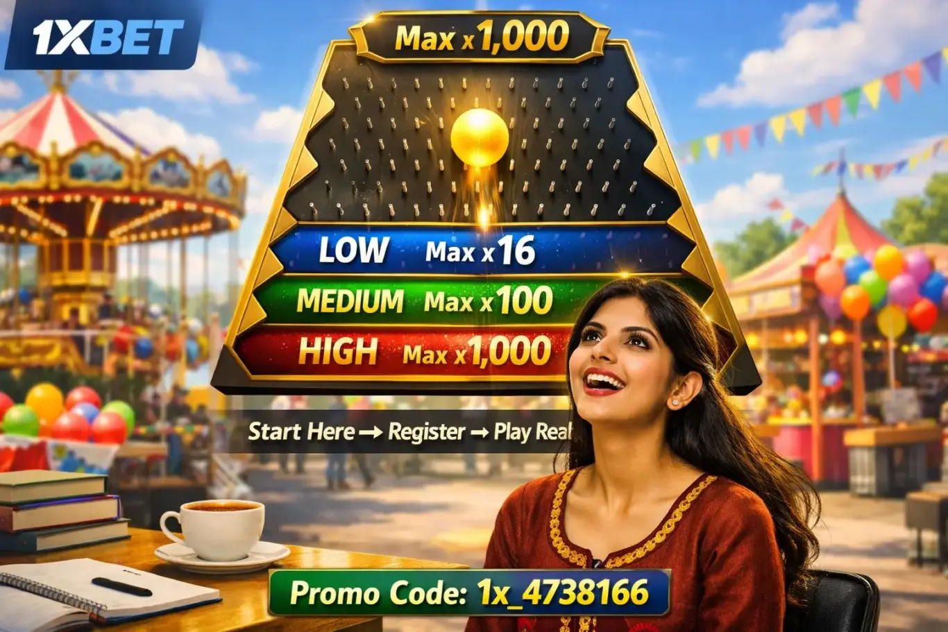 1xBet Plinko Pakistan 2026 - ball drop crash game max x1,000 multiplier, 3 risk levels Low Medium High and free demo