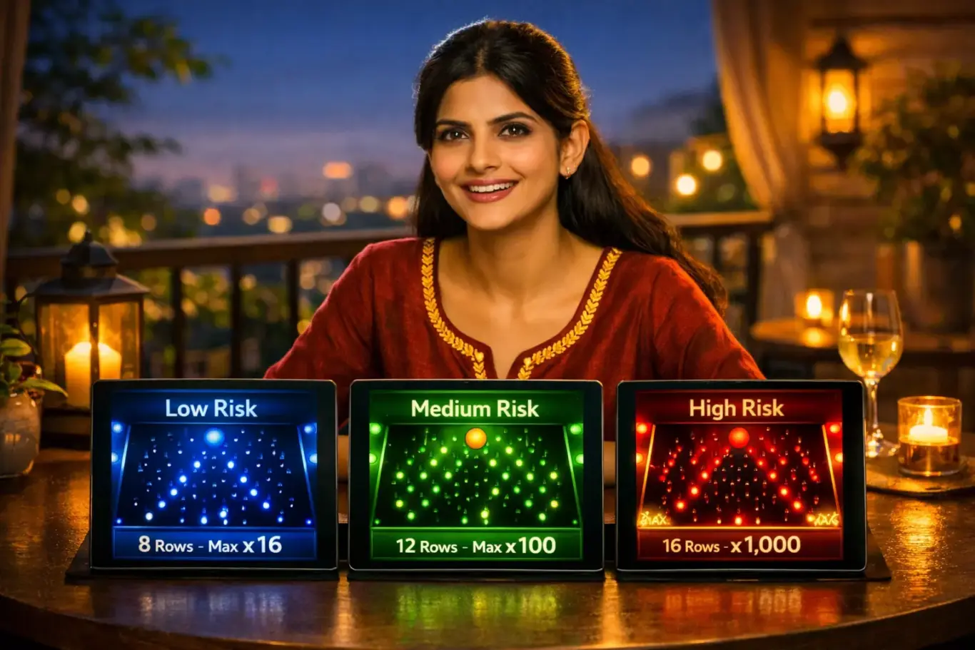 1xBet Plinko Pakistan risk levels - Low max x16 with 8 rows, Medium max x100 with 12 rows, High max x1,000 with 16 rows