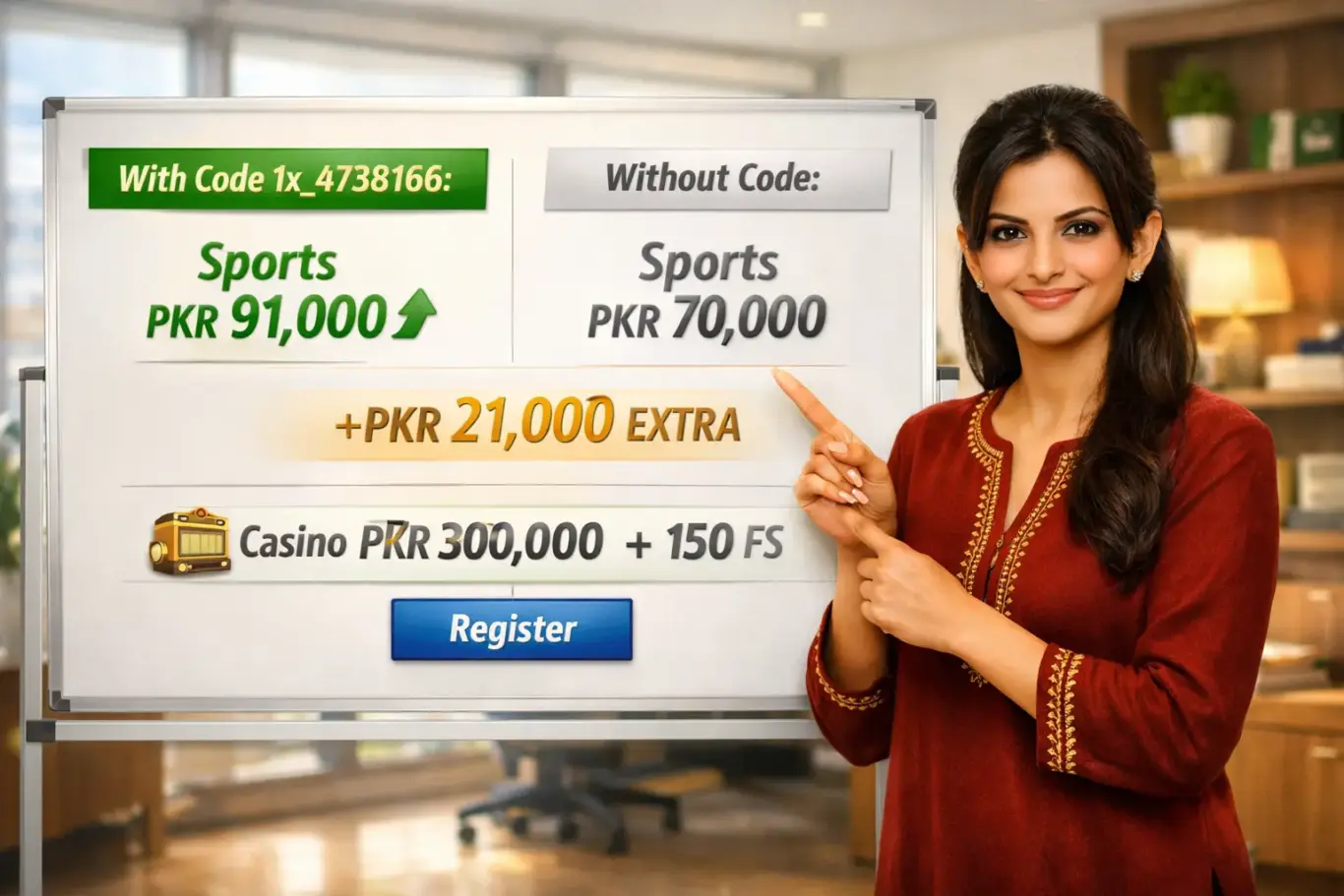 1xBet bonus code Pakistan comparison - with code 1x_4738166 sports PKR 91,000 vs without code PKR 70,000