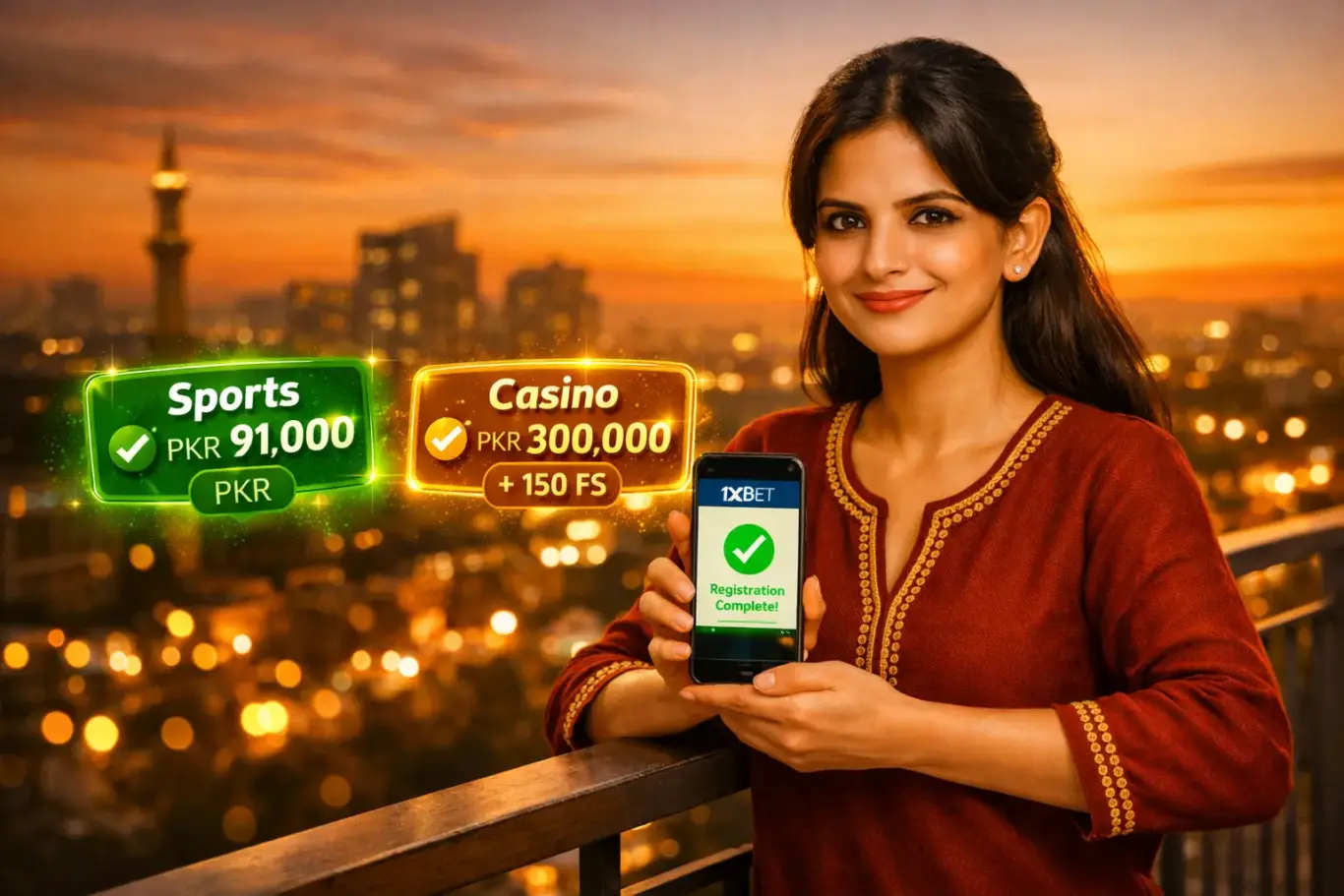 1xBet Pakistan registration welcome bonus - sports PKR 91,000 or casino PKR 300,000 plus 150 FS activated with promo code 1x_4738166