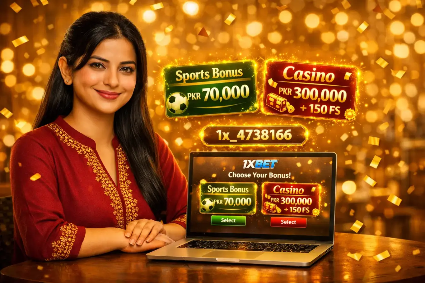 1xBet Pakistan welcome bonus 2026 - sports PKR 70,000 vs casino PKR 300,000 plus 150 FS with promo code 1x_4738166