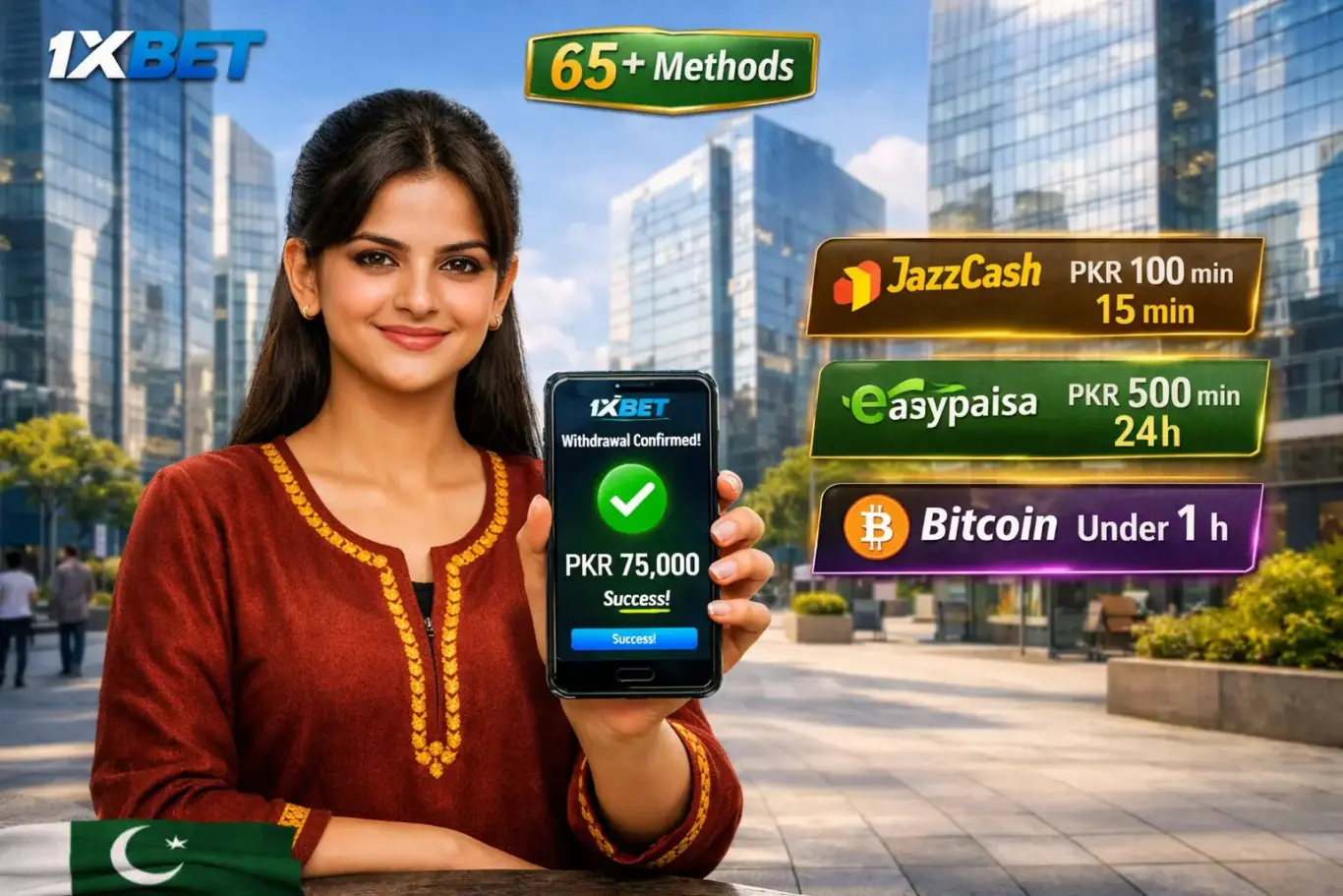 1xBet withdrawal Pakistan 2026 - cash out via JazzCash from PKR 100, Easypaisa, Nayapay and crypto in 15 min to 24 hours