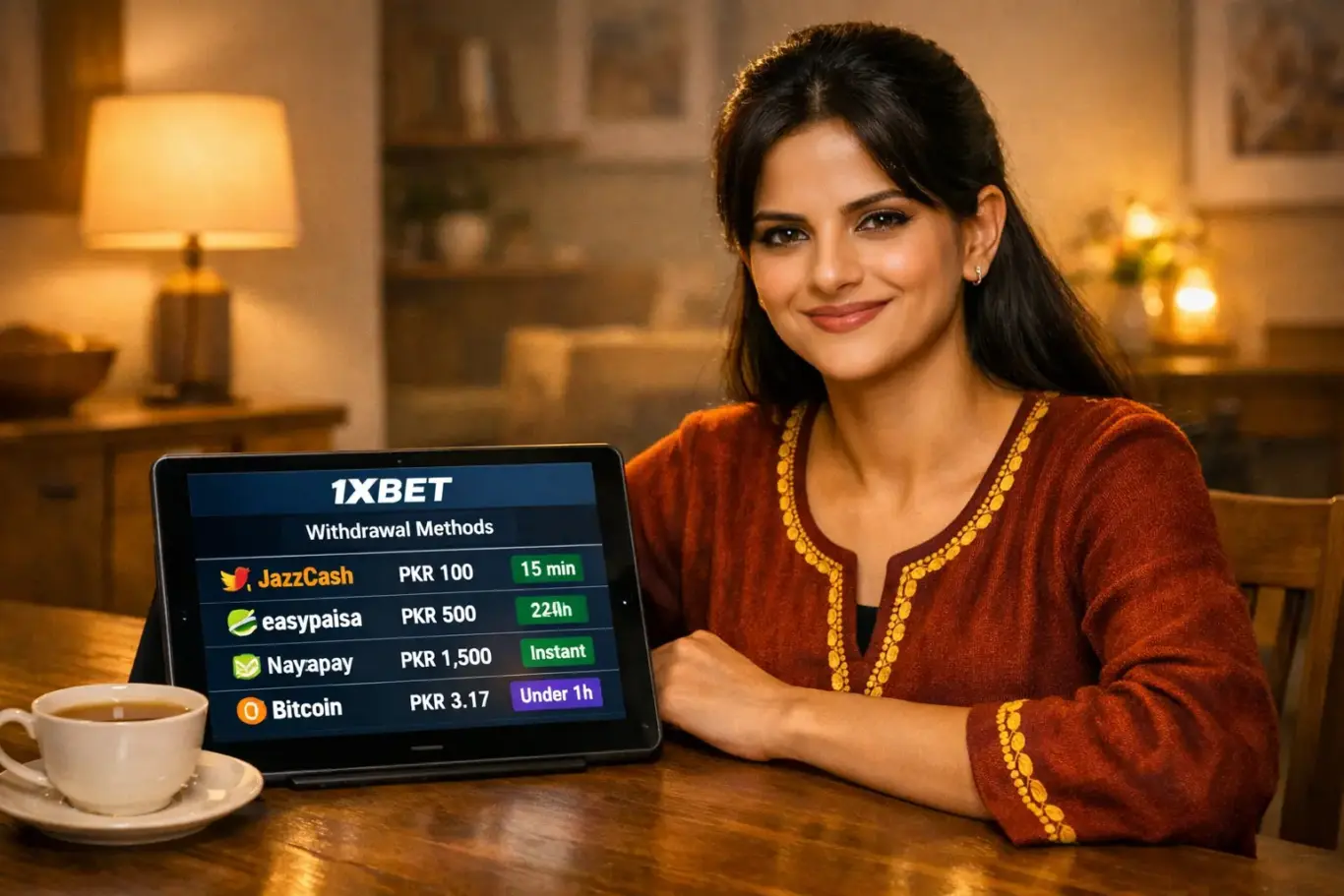 1xBet Pakistan withdrawal methods table - JazzCash PKR 100 minimum, Easypaisa, Nayapay, Cashmaal and crypto processing times